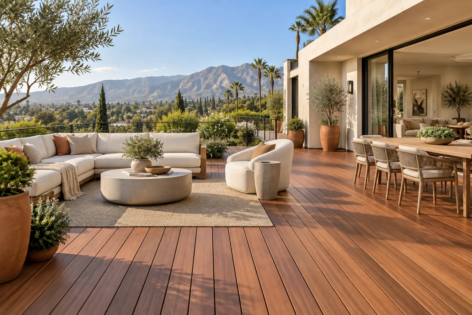Digital architectural rendering of a warm redwood deck with seating, cream stucco walls and garden planting