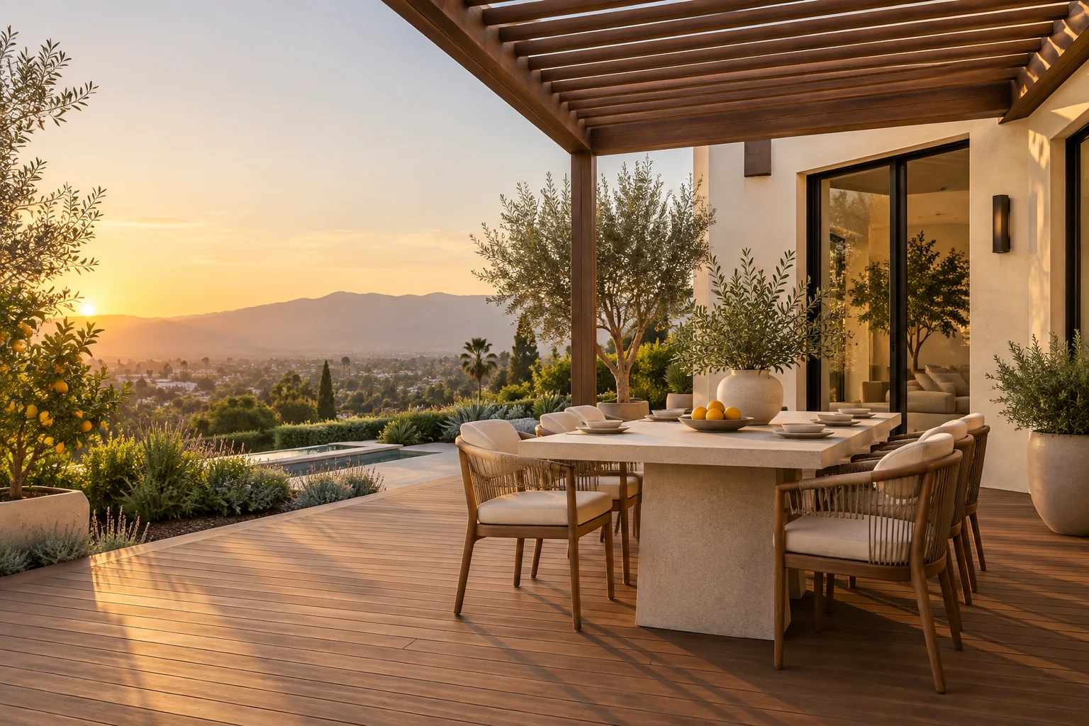 Concept rendering of a golden-hour deck dining space with pergola shadows and warm planting