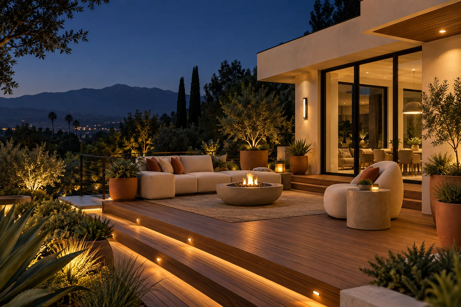 Concept rendering of a softly lit garden deck with comfortable lounge seating at dusk